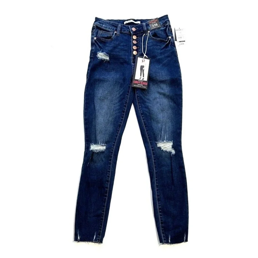 Celebrity Pink‎ The Deb Curvy Hi-Rise Skinny Jeans Dark Wash Distressed 3/26 NEW